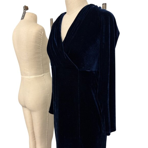 Collectif Vintage Navy Lexie Velvet Maxi Dress L UK 14 Long Sleeve Draped V-Neck - Picture 6 of 13